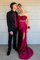 Red Strapless Fitted Senior Prom Dress Lace Appliques Long Formal Gown Mychicdress